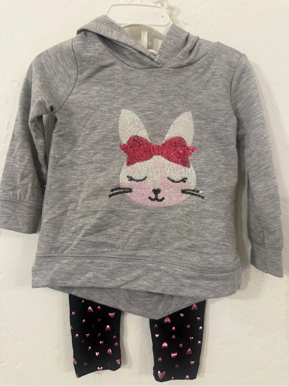 btween Gray Hoodie & Black Heart Leggings Kids Matching Set with Pink Accents